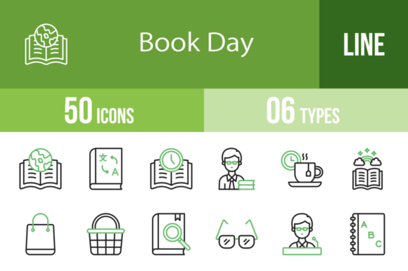 50 Book Day Green Black Icons for Branding and Graphics