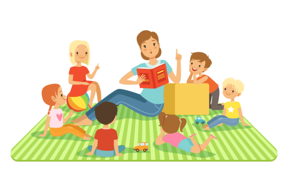 Kindergarten Woman Read Book to Children Illustration